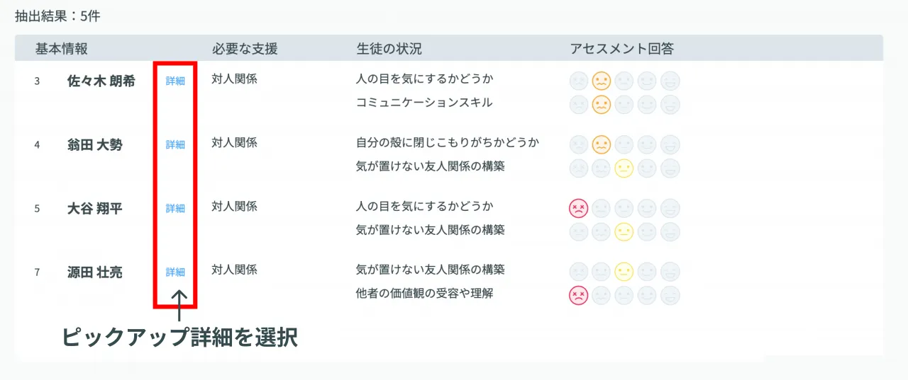 抽出した生徒の詳細表示